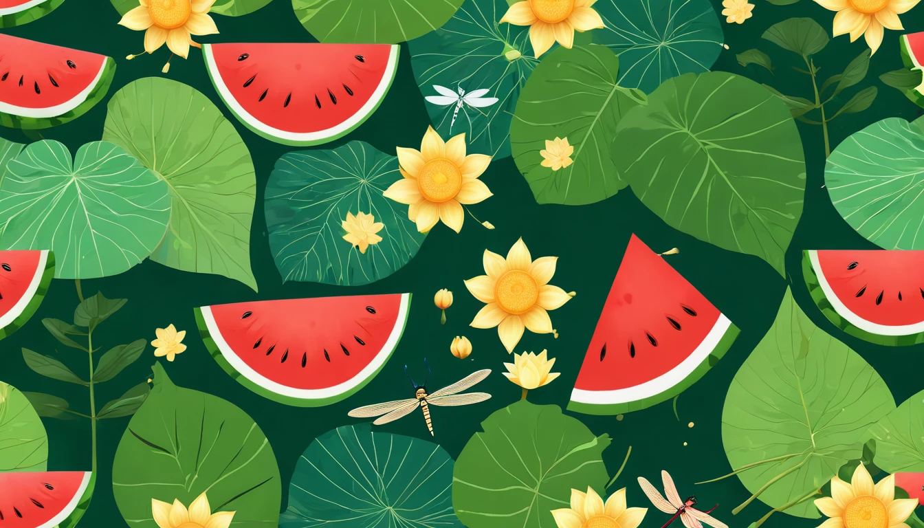 Small summer solar term,watermelon,dragonfly,Lotus lotus leaves,Illustration style