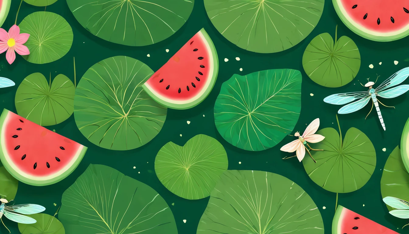 Small summer solar term，watermelon，dragonfly，Lotus lotus leaves，Illustration style