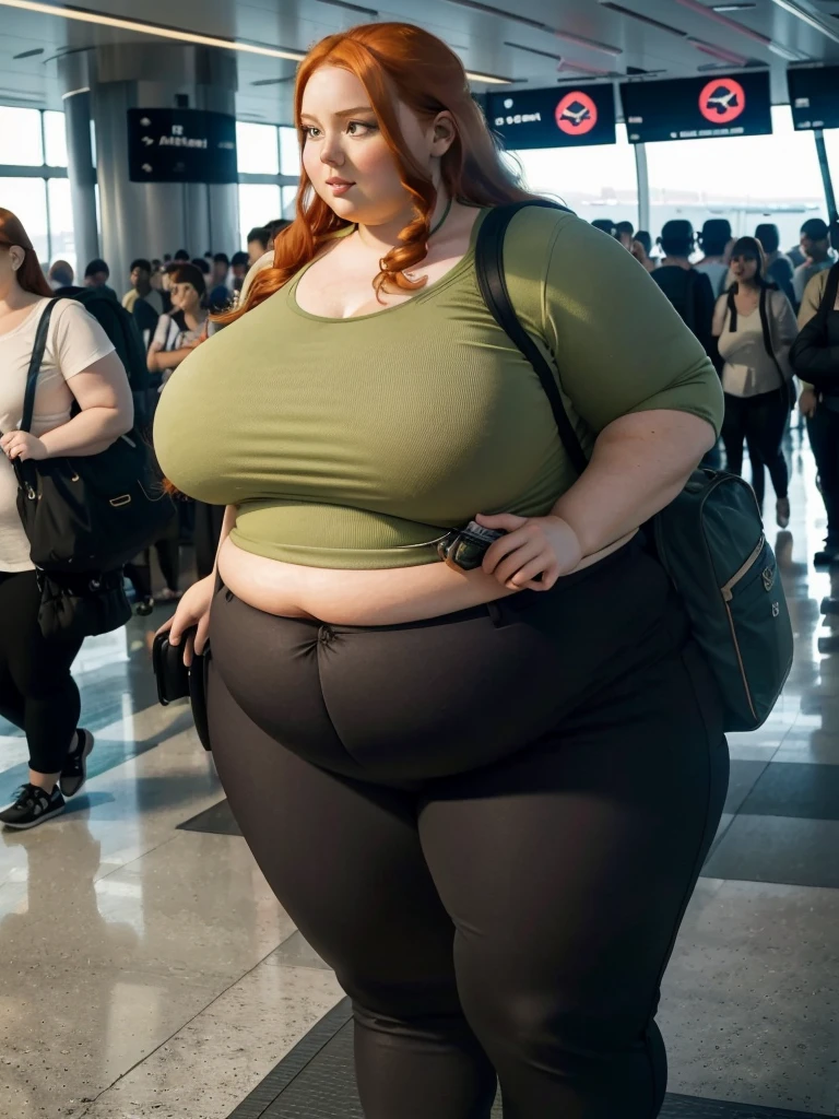 A plane passenger detailed photo of a Beautiful ginger SSBBW, with long wavy ginger hair, with big soft fat belly, thicc fat arms, thicc wide legs, big breast, in a cute green top tucked in her pants, and black pants, at airport waiting alone for the plane, with a backpack on her back