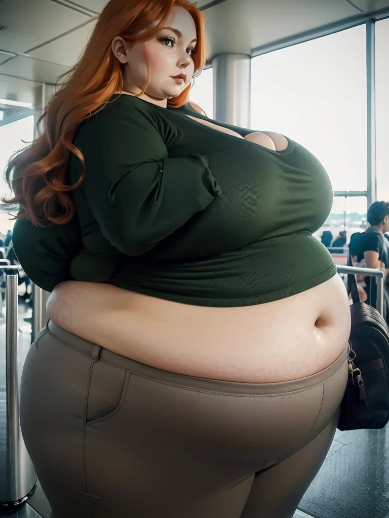 A plane passenger detailed photo of a Beautiful ginger SSBBW, with long wavy ginger hair, with big soft fat belly, thicc fat arms, thicc wide legs, big breast, in a cute green top tucked in her pants, and black pants, at airport waiting alone for the plane, with a backpack on her back