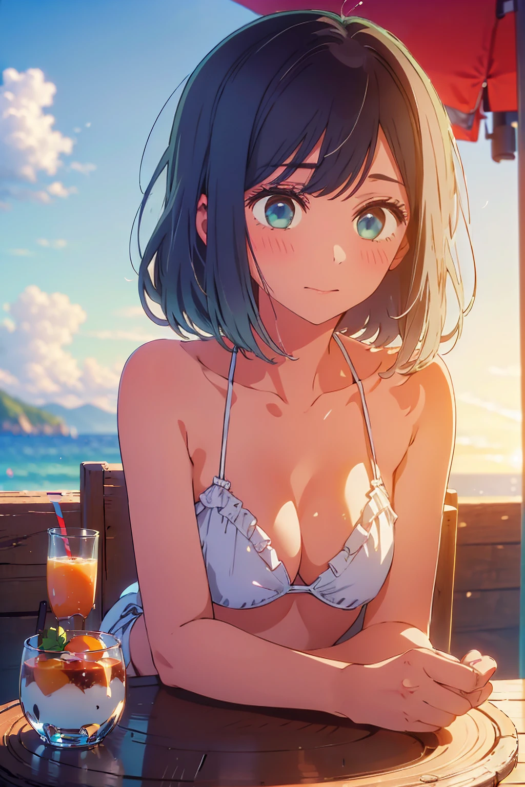 (Highest quality:1.4、masterpiece:1.4、Super detailed:1.4、8K:1.4)、F cup bust、Big Breasts、Slim body、((((1 person、sit、Outdoor café terrace、coastal、juice、table、Sandy Beach、sunset、Sunset、bikini、juiceのグラスを持つ、Big eyes、Shallow depth of field、Very cute face))))