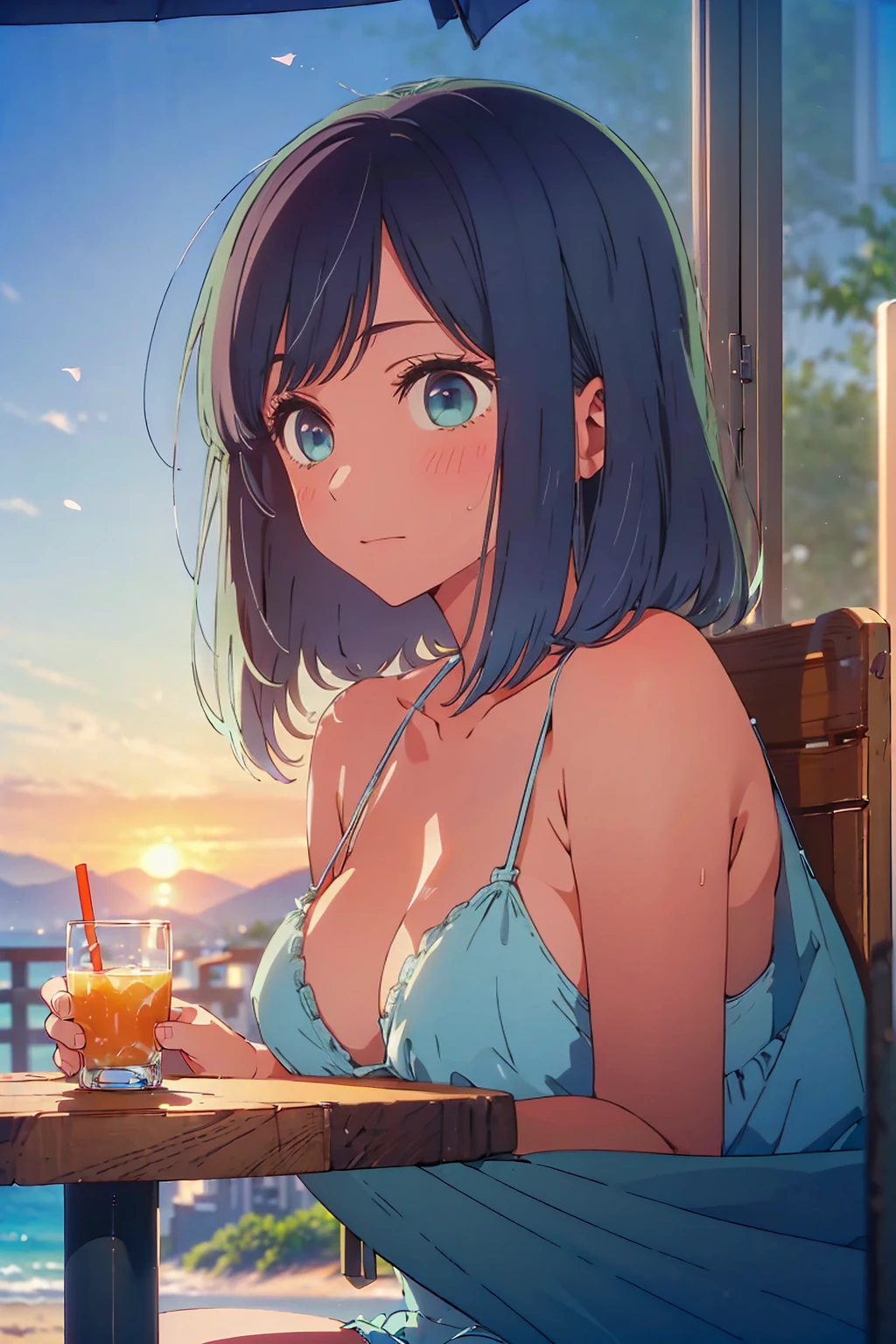 (Highest quality:1.4、masterpiece:1.4、Super detailed:1.4、8K:1.4)、F cup bust、Big Breasts、Slim body、((((1 person、sit、Outdoor café terrace、coastal、juice、table、Sandy Beach、sunset、Sunset、bikini、juiceのグラスを持つ、Big eyes、Shallow depth of field、Very cute face))))