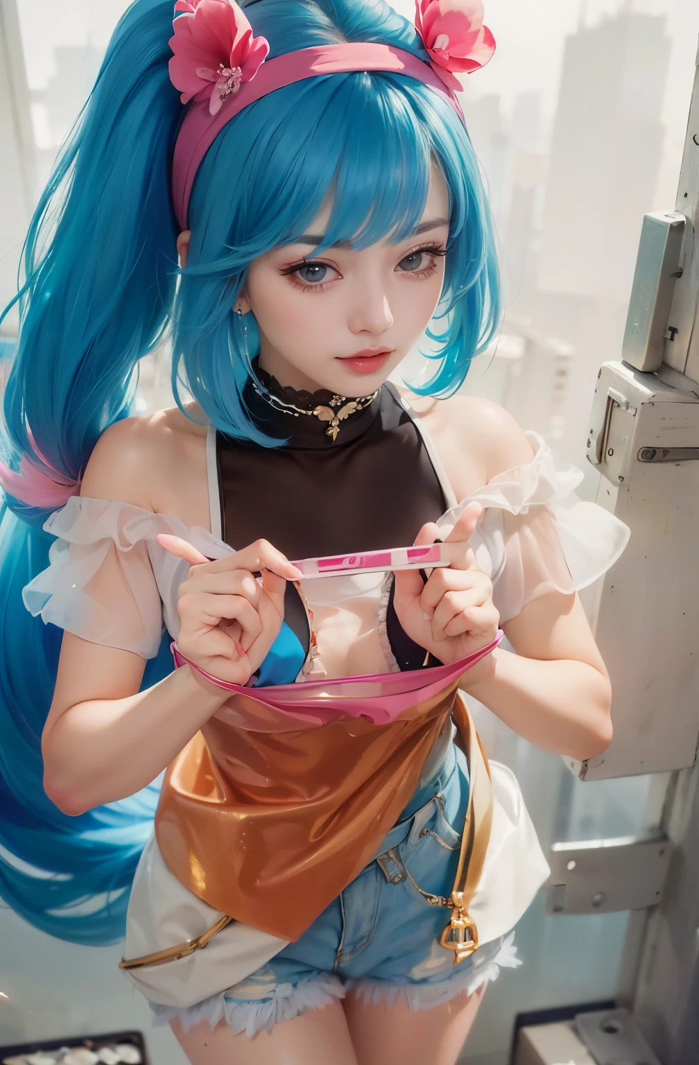(8k, RAW photo, photorealistic:1.25) ,( lipgloss, eyelashes, glosace, glossy skin, best quality, ultra highres, depth of field, chromatic aberration, caustics, Broad lighting, natural shading,Kpop idol) looking at viewer with a serene and goddess-like happiness,blue hair,pink hair