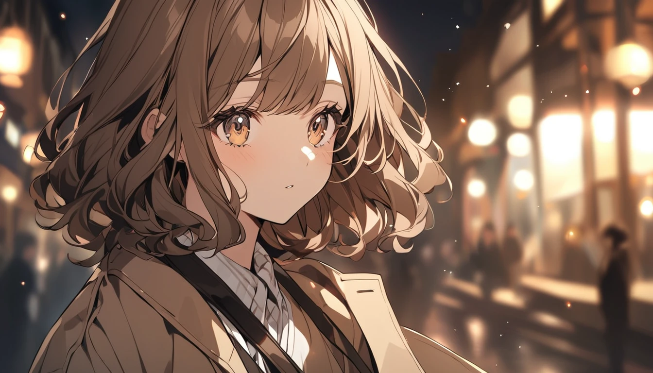 A girl with brown hair and wavy bob hair wearing a dark beige coat. my dreams