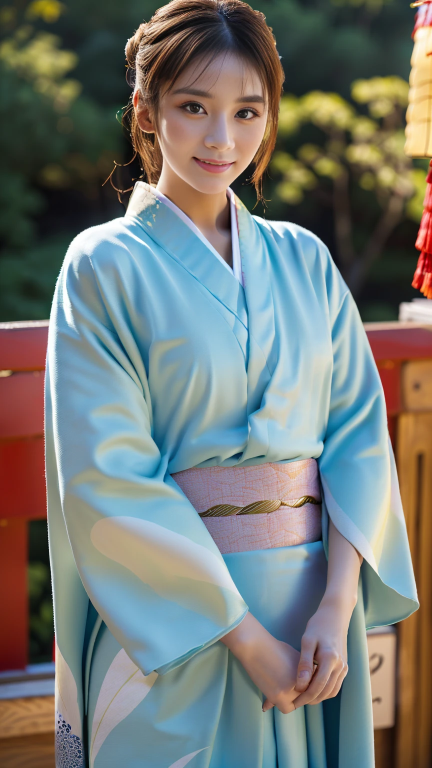 (((Regular dressing:1.5))),(Surreal), (High resolution), (8K), (Very detailed), (Best illustrations), (Beautifully detailed and sparkling eyes), (Highest quality), (Very detailedな), (masterpiece), (wallpaper), (Detailed face), (Beautiful smile)、(Beautiful expression)、One female、Looking into the camera、((Glamorous Body))、(((National treasure-class kimono,Thick kimono:1.5)))