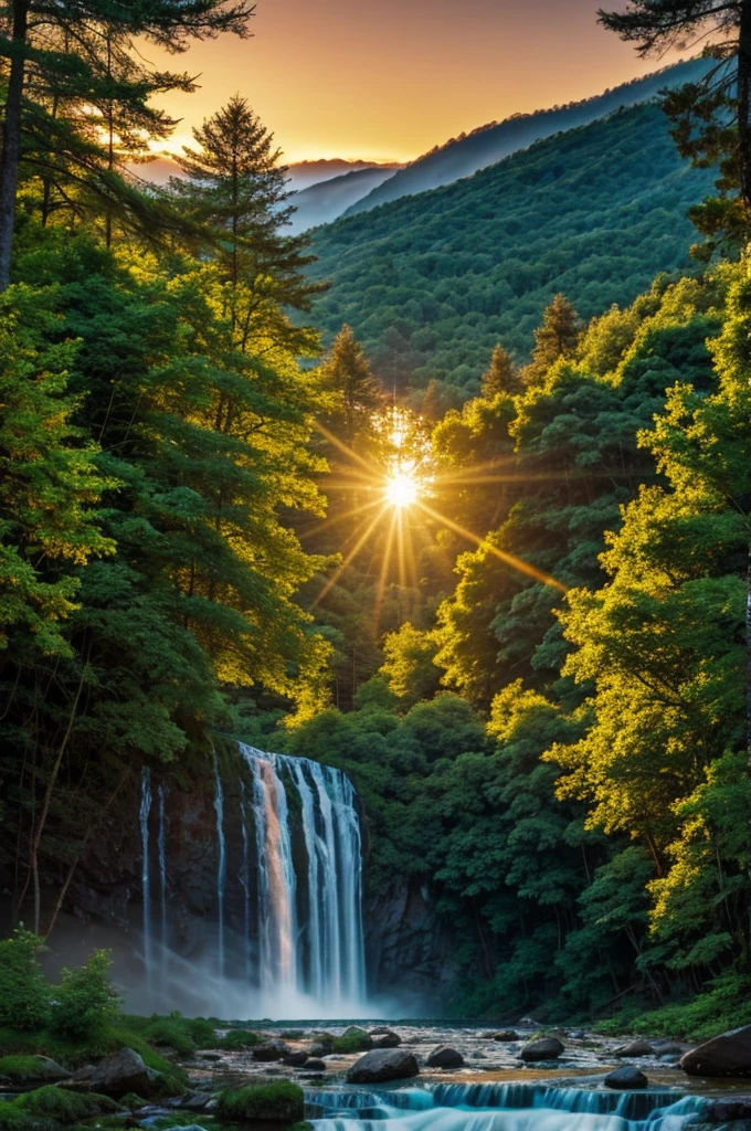 Waterfall and forest at sunset