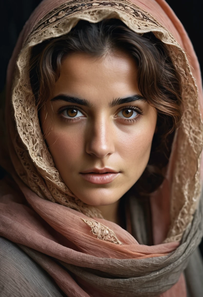 Looks Like Cote de Pablo, a photorealistic portrait of a stunningly beautiful woman without make-up, extremely detailed light hazel eyes, detailed symmetric realistic face, natural skin texture, extremely detailed skin with skin pores, peach fuzz, messy hair, wearing shawl over her head, masterpiece, absurdres, award winning photo by lee jeffries, nikon d850 film stock photograph, kodak portra 400 camera f1.6 lens, extremely detailed, amazing, fine detail, rich colors, hyper realistic lifelike texture, dramatic lighting, unrealengine, trending on artstation, cinestill 800 tungsten, looking at the viewer, photo realistic, RAW photo, TanvirTamim, high quality, highres, sharp focus, extremely detailed, cinematic lighting, 8k uhd
