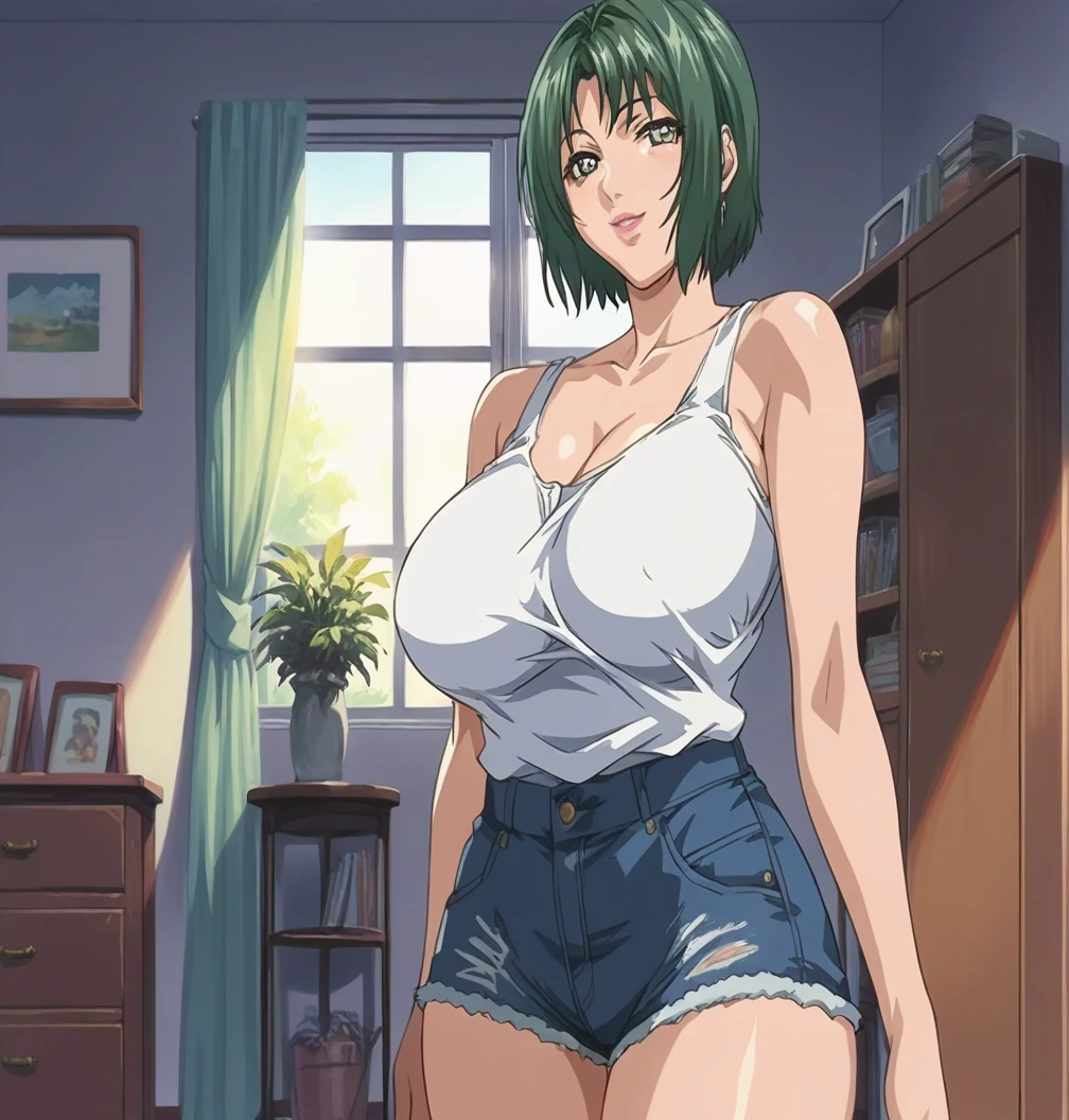 score_9, score_8_up, source_anime Bibl3, milf, green hair, short hair, huge breasts, wide hips, viewed from front, standing in living room, soft smile, white tank top, denim shorts, full lips, vivid lips, detailed eyes, detailed face, pretty woman, morning