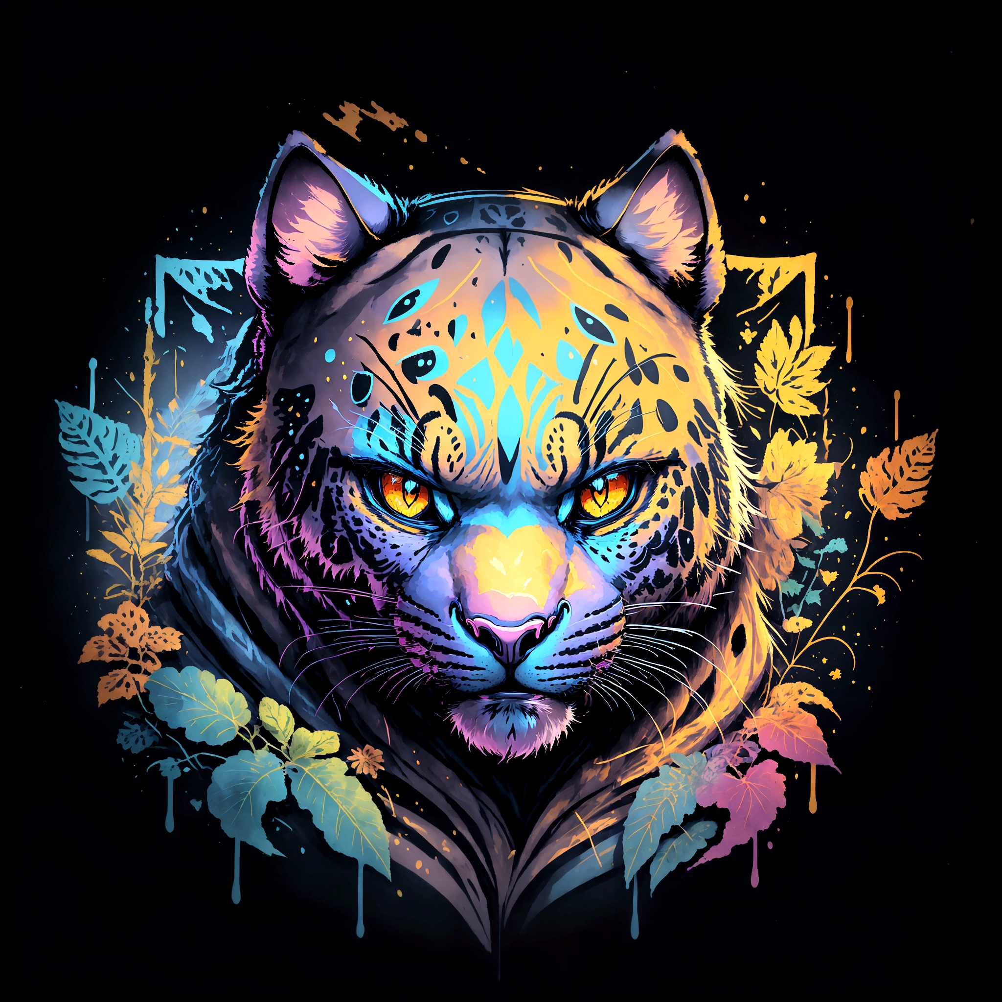 Masterpiece, best quality, very detailed, extremely detailed, colorful panther’s head, kind smiley face, big beautiful eyes, no background 