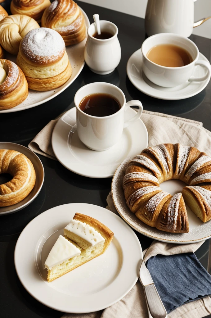 A plate of pastries，A kettle，A water cup