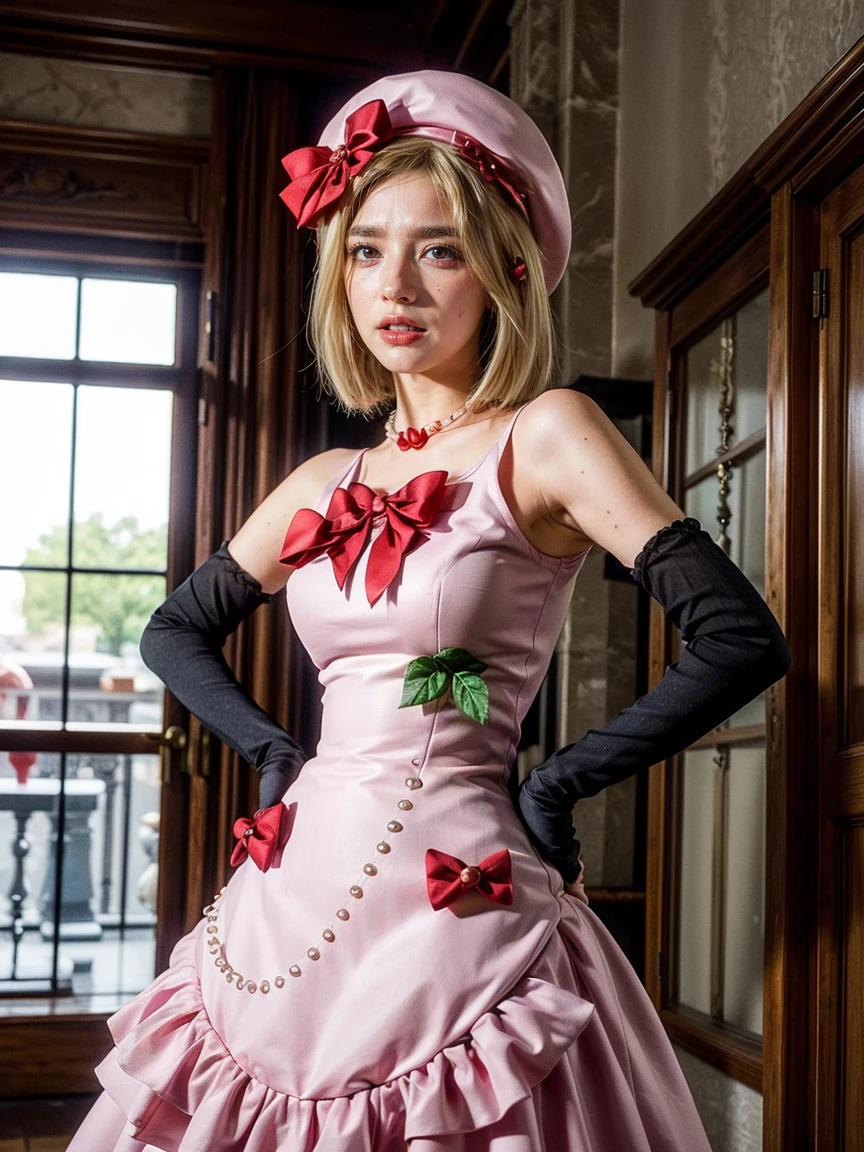 (1 lady), The beautiful, (Best quality at best:1.4), (ultra - detailed), (extremely detailed CG unified 16k), gold blonde hair, very detailed, High-definition RAW color photo, professional photoshooting, amazing face and eyes, cosmetics, (amazingly beautiful girl), ((lambdadelta, tall woman, taller)), ((dress, red bow, pink hat, necklace, gloves, pearl, pink dress)), standing, realistic cinematic face, photo portrait, upper body (shoulders to head), photorealistic, ((realistic natural blonde hair style, red eyes)), gorgeous, extremely beautiful face, perfect model beauty, pout mouth, flirting smile, cleavages, city girl, western, (masterpiece), best quality, high resolution, extremely detailed, blurred background, depth of field, cinematic lighting, clear and well-cared skin