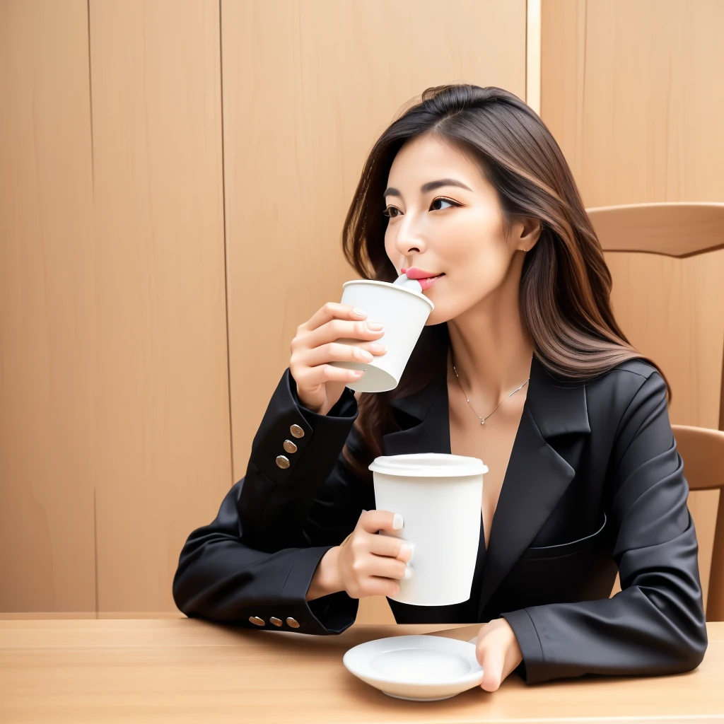 Woman in black jacket sitting at table drinking water, thin button nose, Coffee aroma, Drink coffee, Drink coffee, woman Drink coffee, drink a cup of coffee, good morning, fashionable, Drink tea, 💣 💥, Simple and pleasant mouth, Big round nose and tightly closed lips, nasal strip, Small nose, detailed picture, morning