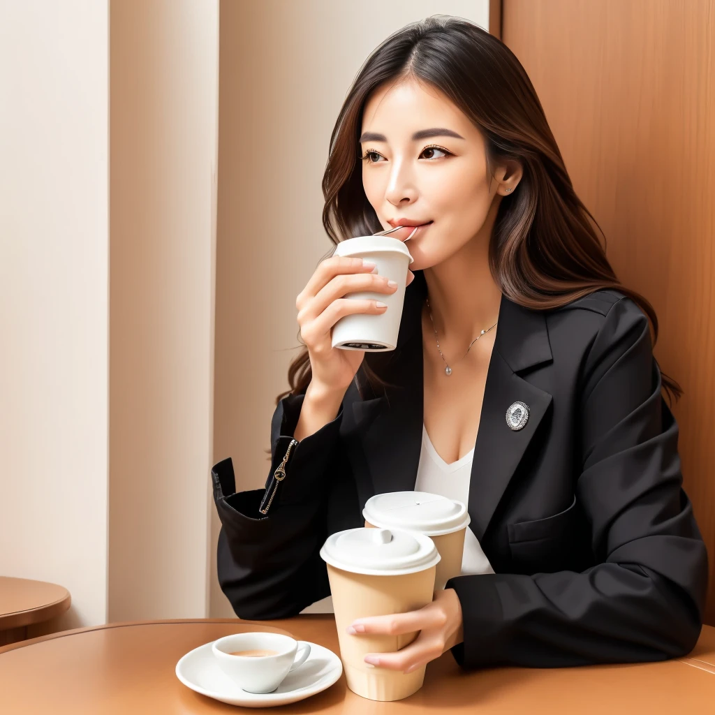 Woman in black jacket sitting at table drinking water, thin button nose, Coffee aroma, Drink coffee, Drink coffee, woman Drink coffee, drink a cup of coffee, good morning, fashionable, Drink tea, 💣 💥, Simple and pleasant mouth, Big round nose and tightly closed lips, nasal strip, Small nose, detailed picture, morning
