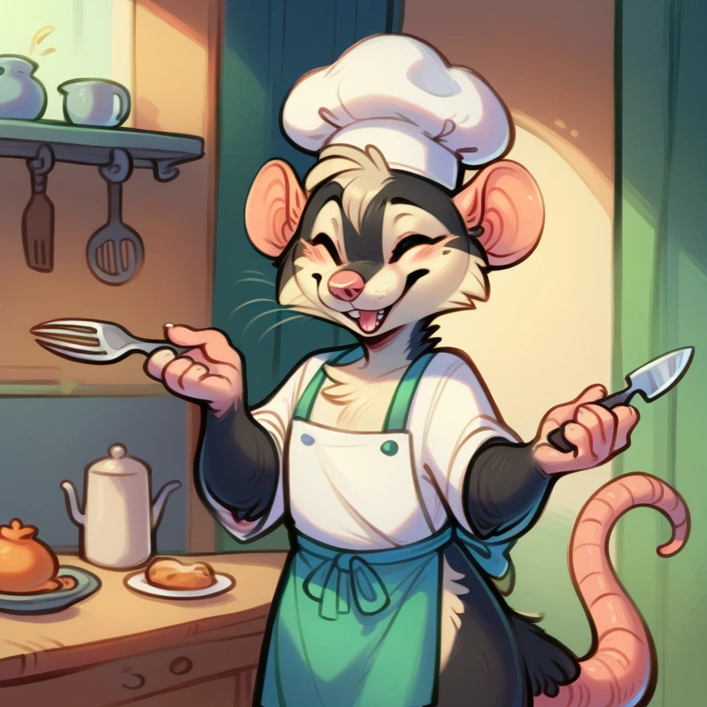 Rat chef, semi-anthropomorphic, fork in left hand, knife in right hand, crossed on chest, happy and laughing expression, detailed facial features, chef hat, apron, detailed clothing, complex textures, high quality, realistic, 8K, masterpiece, cinematic lighting, warm tones