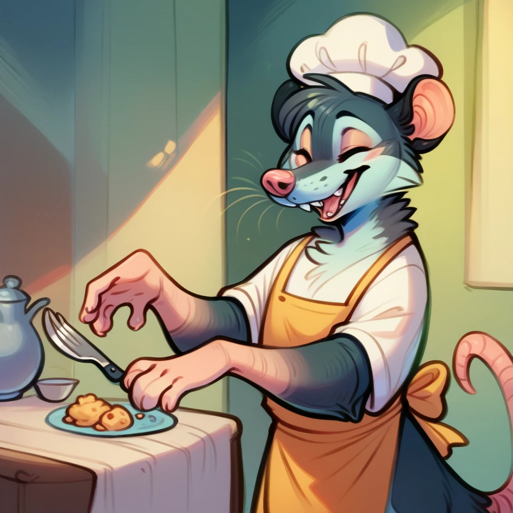 Rat chef, semi-anthropomorphic, fork in left hand, knife in right hand, crossed on chest, happy and laughing expression, detailed facial features, chef hat, apron, detailed clothing, complex textures, high quality, realistic, 8K, masterpiece, cinematic lighting, warm tones