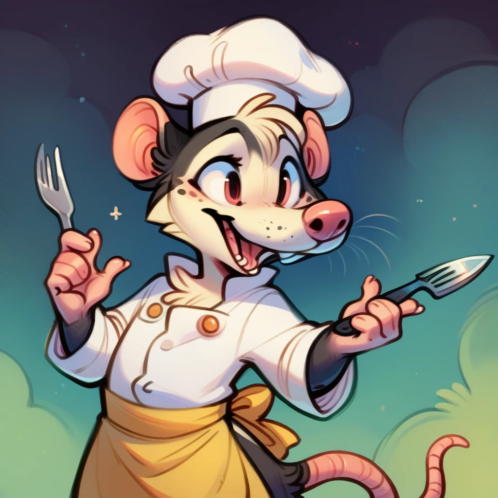 Rat chef, semi-anthropomorphic, fork in left hand, knife in right hand, crossed on chest, happy and laughing expression, detailed facial features, chef hat, apron, detailed clothing, complex textures, high quality, realistic, 8K, masterpiece, cinematic lighting, warm tones