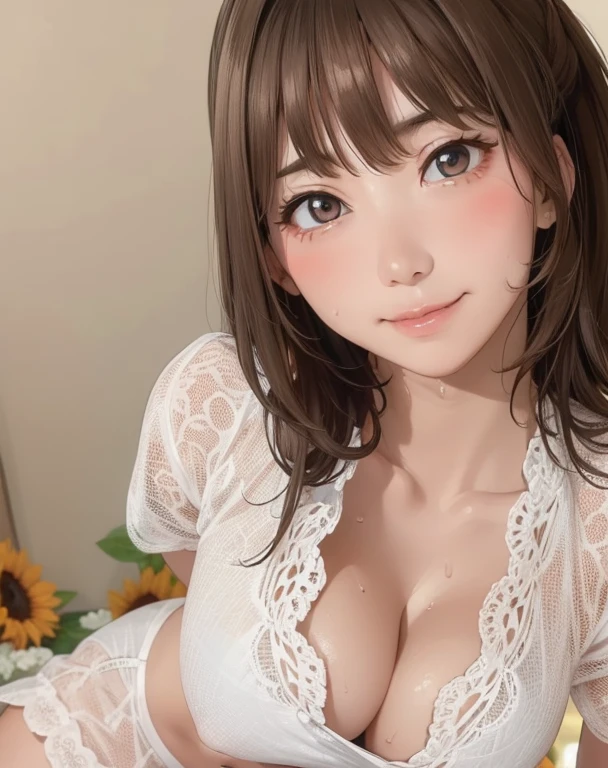 girl, Sweat, vapor, Center of chest, shy, Great hands, Looking at the audience, Cute Smile