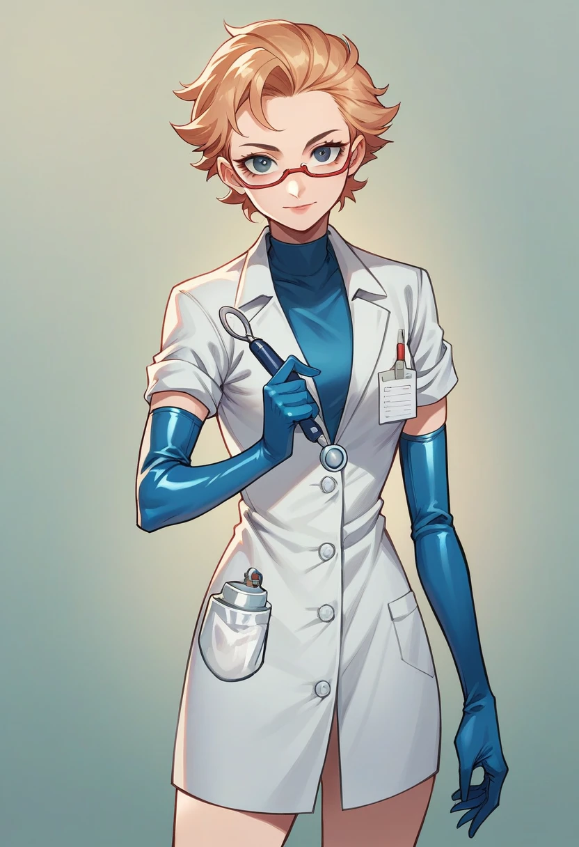 1girl, ((dark blue elbow gloves)), ((surgical gloves)), ((latex gloves)), ((doctor outfit)), looking at viewer, ((doctor)), ((long sleeves)), standing, solo