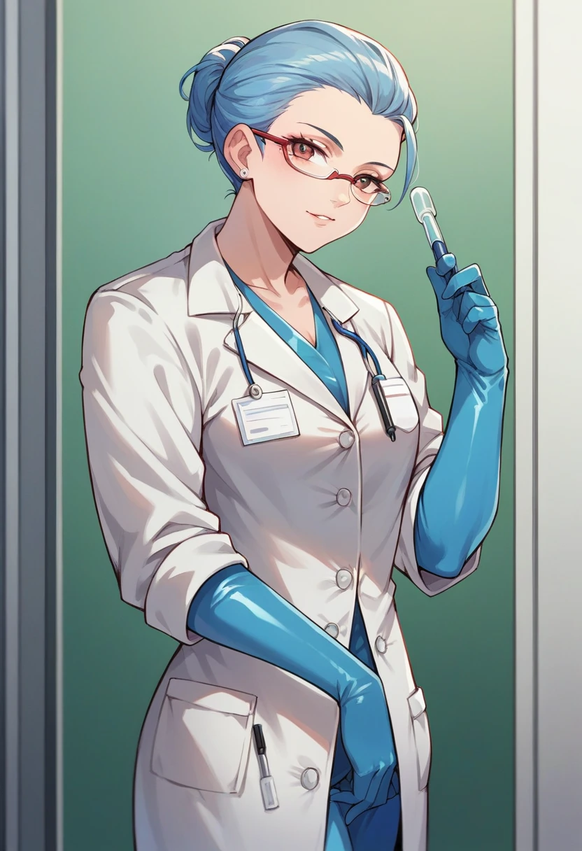 1girl, ((dark blue elbow gloves)), ((surgical gloves)), ((latex gloves)), ((doctor outfit)), looking at viewer, ((doctor)), ((long sleeves)), standing, solo