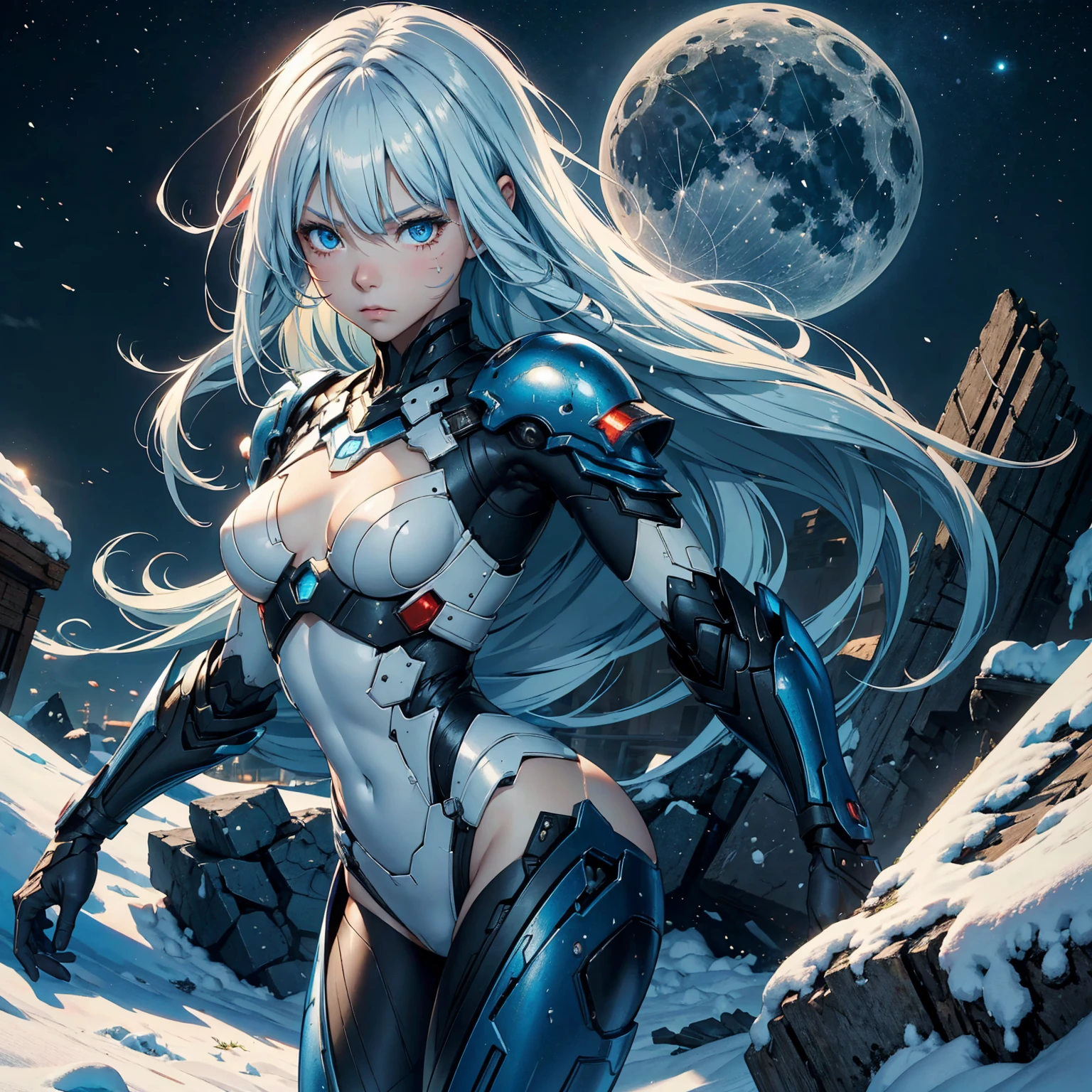 1girl!!!, very long bob hair with bangs, light blue hair, very small breasts, small size, blue eyes, fair skin, very lots of scars on body!, no scars on face!!, serious face, Small battle armor, full body, jumping, night, moon, snowy ruin, very sexy body, detailed face, highly detailed, 8k, best quality, masterpiece, vibrant colors, digital art, concept art