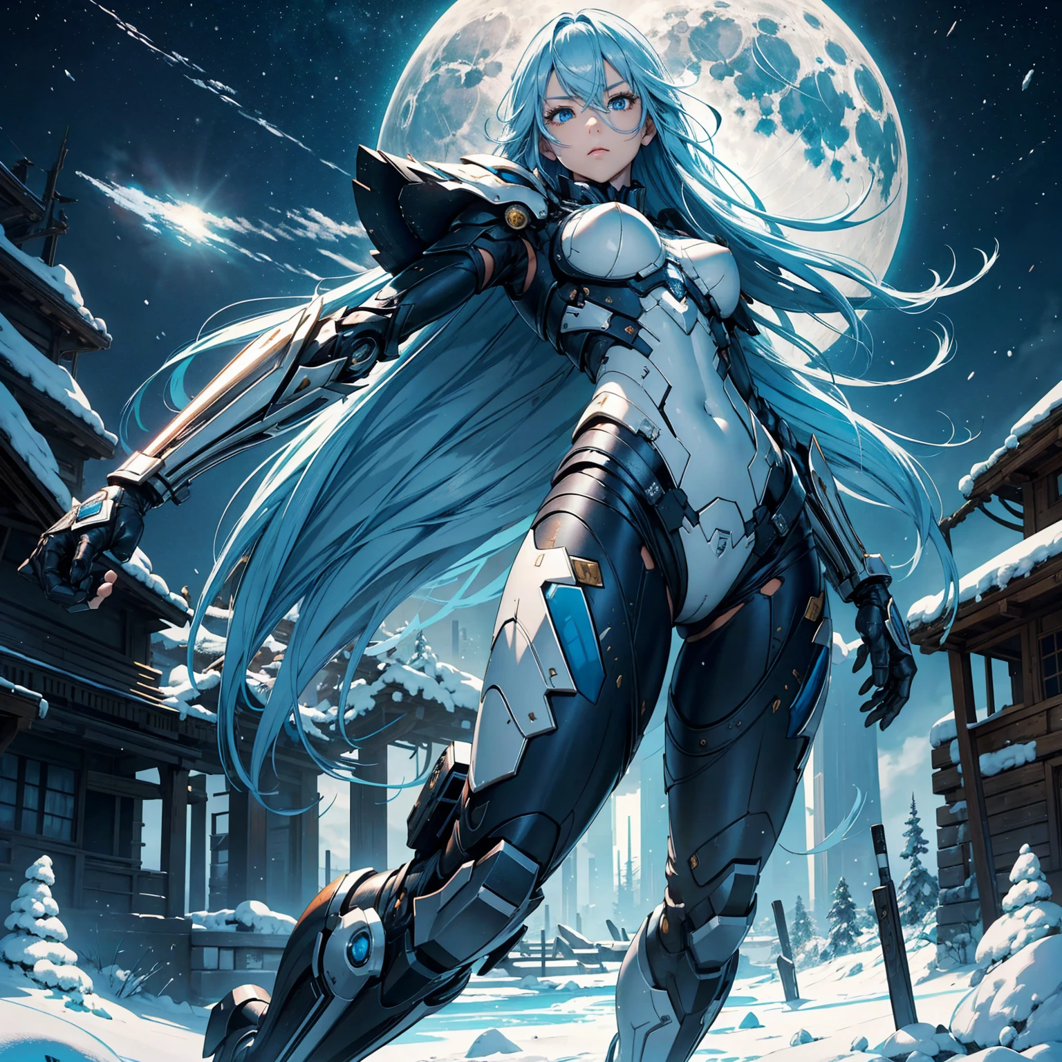 1girl!!!, very long bob hair with bangs, light blue hair, very small breasts, small size, blue eyes, fair skin, very lots of scars on body!, no scars on face!!, serious face, Small battle armor, full body, jumping, night, moon, snowy ruin, very sexy body, detailed face, highly detailed, 8k, best quality, masterpiece, vibrant colors, digital art, concept art