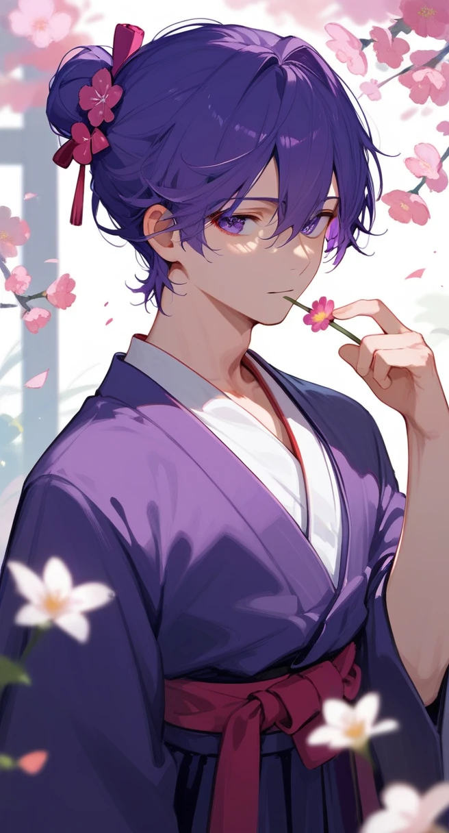 1 boy, Reo Mikage, pretty, face, purple hair, sllim, flower, hakama
