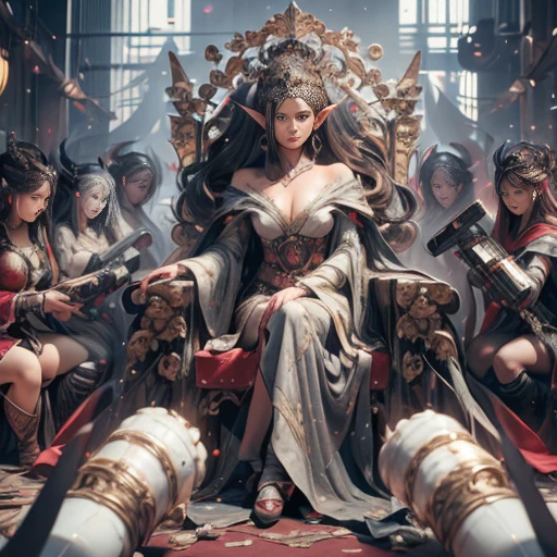 Captivating masterpiece by artist Cepriu, a neorealist image of a seductive elf queen. the elf queen is sitting on a traditional throne surrounded by other slaves, a beautiful fantasy queen, beautiful representation of the tang dynasty, ((a beautiful fantasy empress)), masterpiece of cgsociety, cg film society, masterpiece, best quality: 1.2), (8k, high resolution, raw photo, realistic, photorealistic: 1.3), (detailed skin texture, detailed skin texture the cloth, detailed beautiful face: 1.25), professional lighting, photo mapping, beautiful soft light, radiosity, mainly based rendering, ray tracing, model shoot style, model shoot style, (extremely detailed CG Unity 8k wallpaper ), full body photo of the most beautiful work of art in the world. ((camera cannon)), ((professional photo shoot))