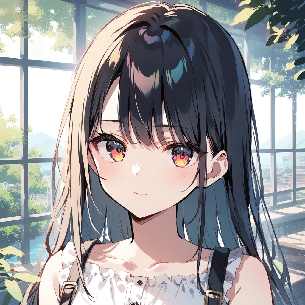 ​masterpiece、top-quality、ultra-definition、illustratio、warm illumination、bright colour、Female one、独奏、long、Super long hair、Chifuyu、Brown hair、blue eyess、poneyTail、hair adornments、Hair Flower、student clothes、Sit up、outside of house、tshirts、Casual clothing、爆乳、Navel visible、Slouched、Playing with Shiba Inu