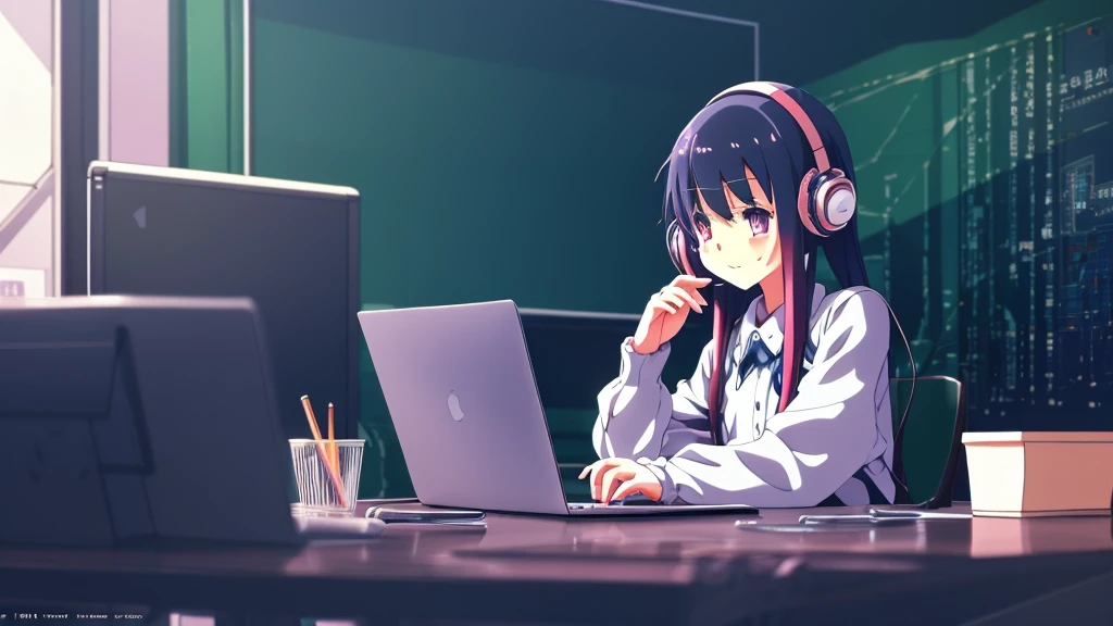 anime girl sitting at a desk with a laptop and headphones on, an anime drawing by Yuumei, pixiv contest winner, computer art, lofi girl, anime girl desktop background, digital anime illustration, anime style 4 k, anime art wallpaper 4k, anime art wallpaper 4 k, anime art wallpaper 8 k, lofi portrait, 4k anime wallpaper