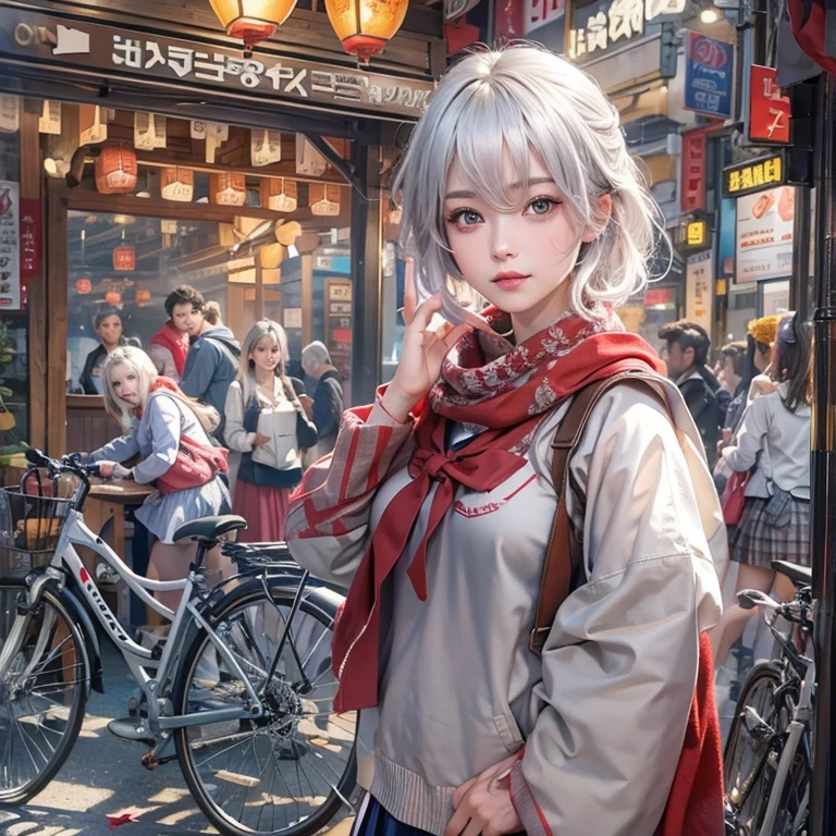(masterpiece:1.3), (8K, Realistic, RAW Photos, Best image quality: 1.4), Fair-skinned fairy woman、short hair、Cleavage:2.0、Highly detailed face、Attention to detail、double eyelid、Sharp focus:1.2、Beautiful woman:1.4、Silvery white hair、Highest quality、masterpiece、Ultra-high resolution、(Realistic:1.4)、Highly detailed and professionally lit smiles、Loose, Light, Wear a Japan high school uniform:1.5、Red scarf、 One person、whole body,Cycling through Japanese cities、