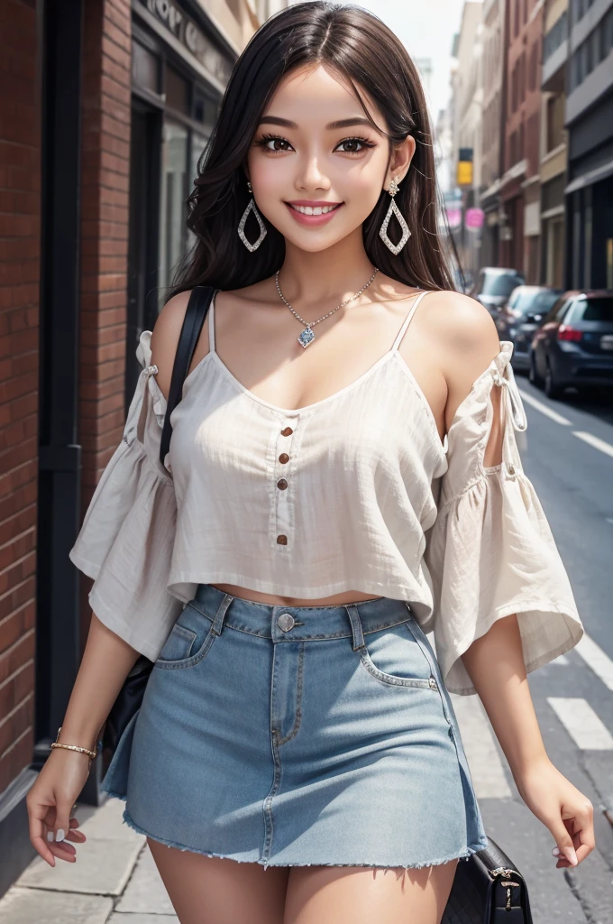 1girl, thick lips, smiling, Diamond earrings, short linen top, short skirt, 4k resolution, Diamond Grillz, BRT2