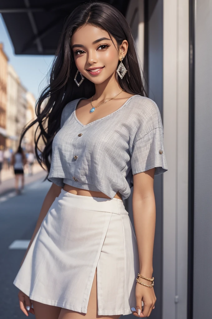 1girl, thick lips, smiling, Diamond earrings, short linen top, short skirt, 4k resolution, Diamond Grillz, BRT2