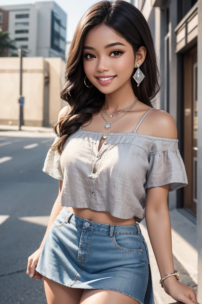 1girl, thick lips, smiling, Diamond earrings, short linen top, short skirt, 4k resolution, Diamond Grillz, BRT2