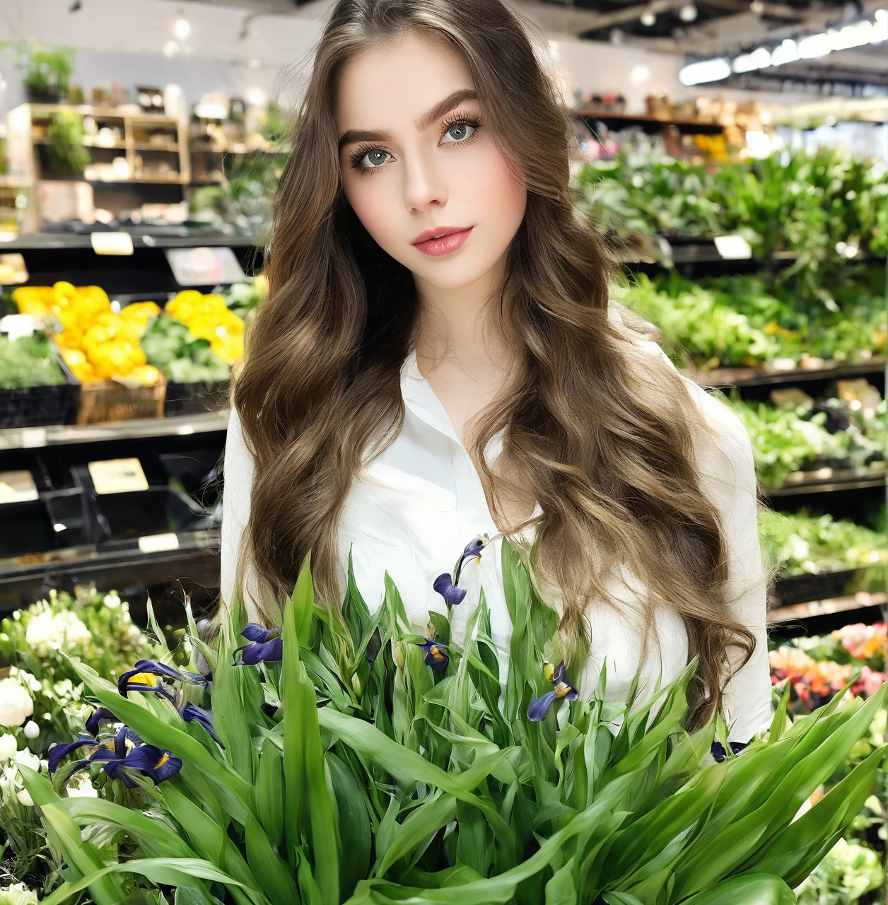 high res, real photo, Odalys Steeve (23 years old, fair skin, long waving hair dark brown, beautiful detailed eyes dark green iris, beautiful detailed lips, firm bust, extremely detailed eyes and face, long eyelashes) wearing simple shirt working in florist store