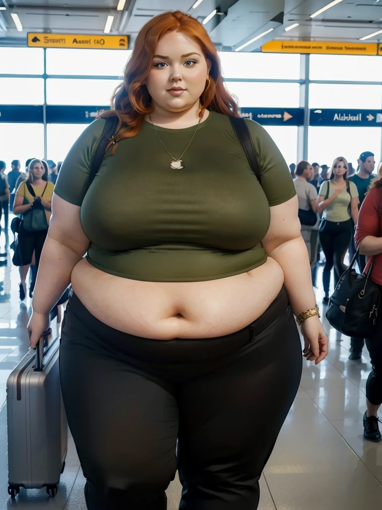 A plane passenger detailed photo of a Beautiful ginger SSBBW, with long wavy ginger hair, with big soft fat belly, thicc fat arms, thicc wide legs, big breast, in a cute green top tucked in her pants, and black pants, at airport waiting alone for the plane, with a suitcase next to her