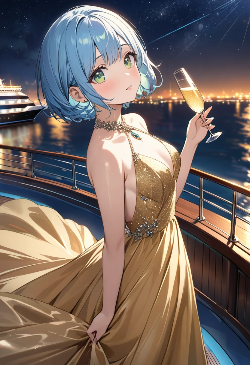 Highest quality、Light blue hair、Short Bob、Deep green eyes、Small breasts、Night Port、luxury passenger ship、deck、Night Sky、Golden evening dress、Looking up at the sky、holding a glass of champagne