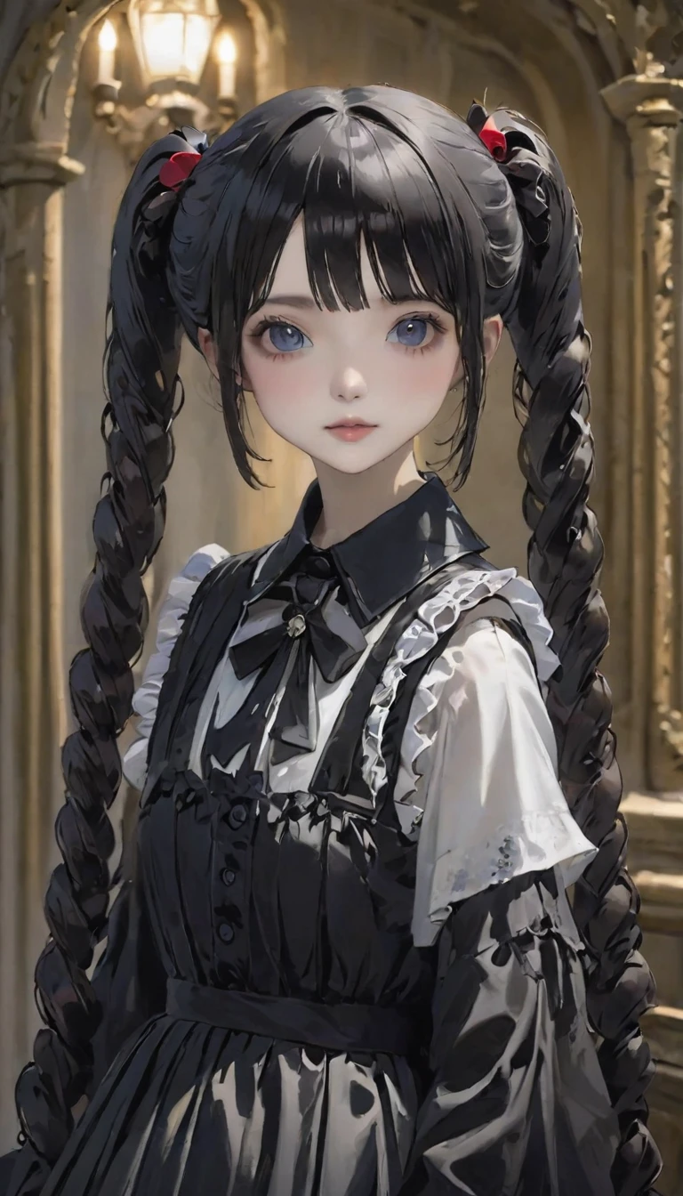 (Highest quality、masterpiece、Super detailed、一人のgirl、Cute face、Black silky short hair、(((短い髪のTwin tails、ショートボブのTwin tails)))、Gray eyes、From the knee up、Gothic ta Fashion、Highly detailed eye、Little red cheeks and nose、Cute face、((💀、☠、girl、💀)))、Twin tails、