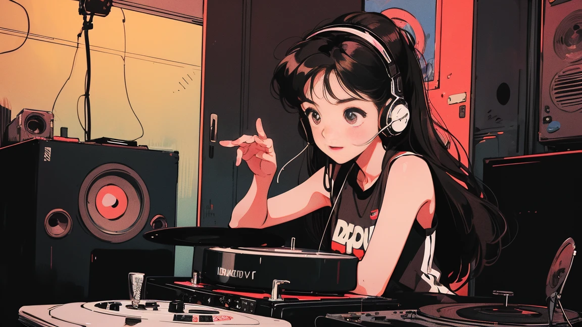 DJ girl in hip-hop fashion wearing a cool headset,Front view , Two large LED-illuminated speakers on each side, Immerse yourself in a neon-lit environment, In front of her is a music mixer and a turntable.、A record is placed on the turntable,Two turntables and a mixer from Technics, DMC, DMC World DJ Championships,