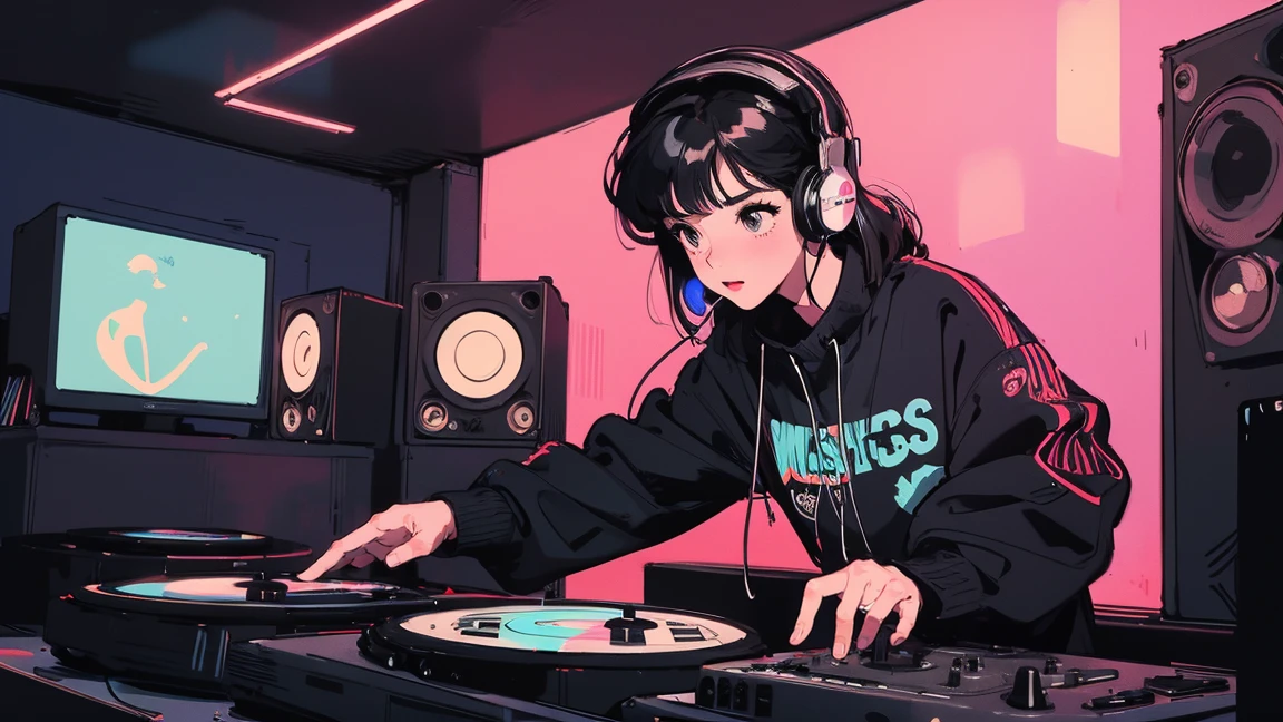 DJ girl in hip-hop fashion wearing a cool headset,Front view , Two large LED-illuminated speakers on each side, Immerse yourself in a neon-lit environment, In front of her is a music mixer and a turntable.、A record is placed on the turntable,Two turntables and a mixer from Technics, DMC, DMC World DJ Championships,