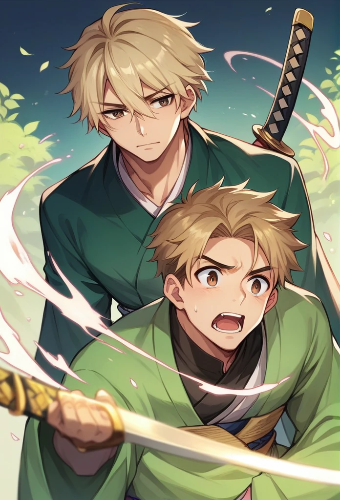 boy, blond, brown eyes, green kimono, haramaki, katana, in full growth