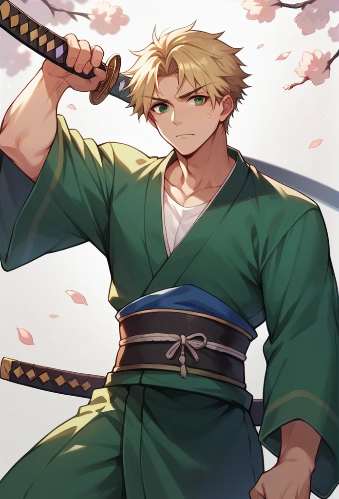 boy, blond, brown eyes, green kimono, haramaki, katana, in full growth