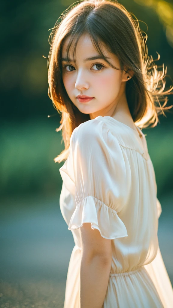 (Raw photo, Best Quality), (Realistic, Photorealsitic:1.3), masterpiece, 1 girl, extremely delicate and beautiful girl, standing quietly, Soft light, back light, (Brown hair, Shoulder-length straight hair swaying in the wind), Bangs, Beautiful detailed girl, shy, graceful, tender, gentle, (Detailed fingers), correct anatomy, extremely detailed eyes and face, beautiful detailed nose, Beautiful detailed eyes, Japanese, Neat and clean beauty, Silk shirt, Skirt, (Half body:1.3), (medium breasts), Realistic face, Realistic body,