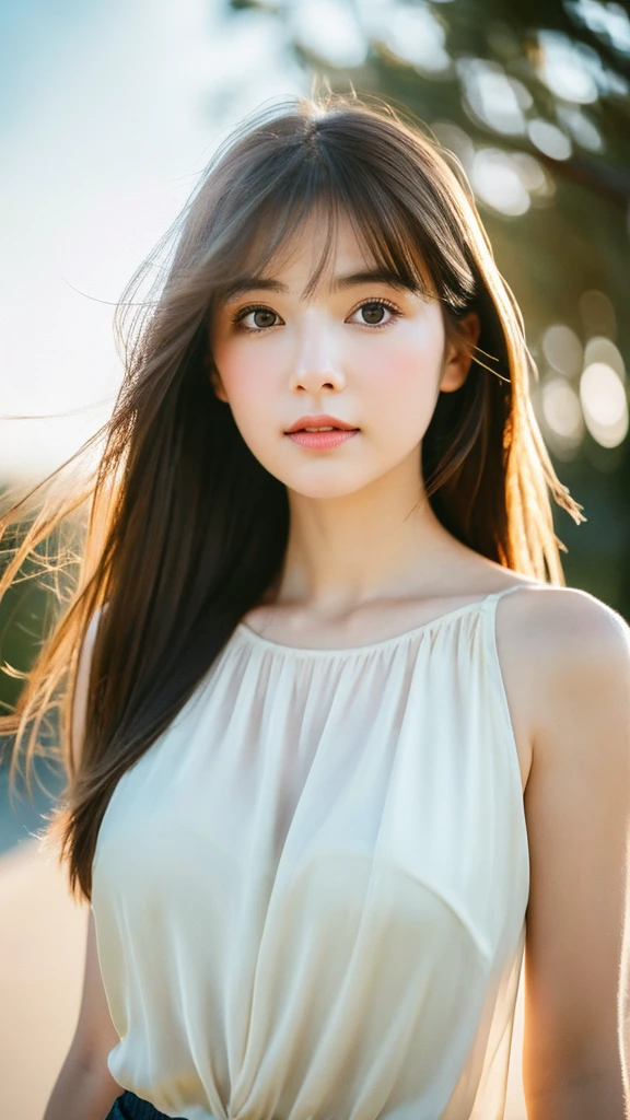 (Random Nationality):1.5, masterpiece, Highest quality, 8K, 20th Generation, (Large Breasts:1.2), cute, alone, sad, close, cute, Girlish, Delicate girl, Pure beauty,  RAW Photos, Professional photography, Portraiture, Soft Light, Professional Lighting, Backlight, Upper Body, avert your eyes, Sophisticated, Film Grain, (Eyes and facial details:1.0), Beautiful straight hair, Hair swaying in the wind, Silk blouse, Random hairstyle