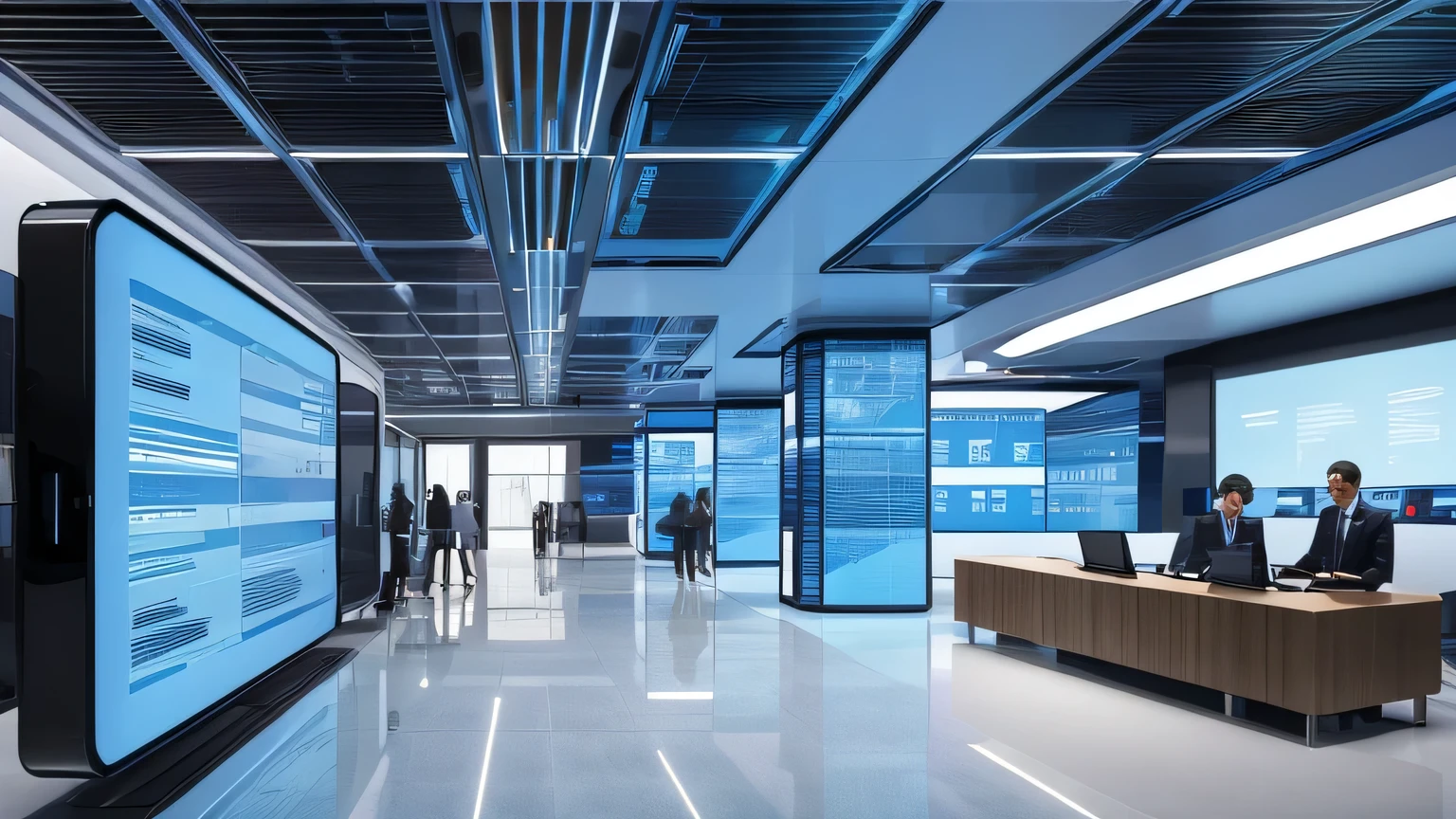 Digital illustration, futuristic office space, bright and clean atmosphere. Large transparent touchscreen in the center, surrounded by diverse professionals (programmer, data scientist, business person). Screen displays "AI Jobs" with various job icons floating.
Background: Holographic blue light particles suggest AI presence. People's expressions: serious but hopeful.
Part of the screen shows a rising graph labeled "AI Skills Demand".
Small robot assistant in the corner, supporting people.
Color scheme: Predominantly blue and white, futuristic and clean. Bright lighting for hopeful ambiance.
Style: Realistic yet slightly stylized illustration. Detailed but with clear, simple composition.