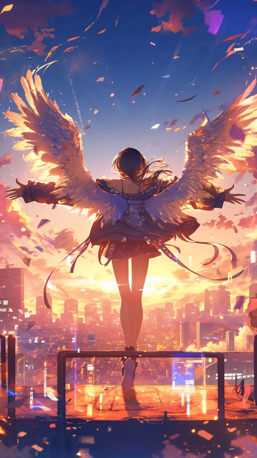Anime girl with wings flying over a city at dusk, Beautiful anime artwork, Spread your wings, anime art wallpaper 4k, anime art wallpaper 4k, Anime Art Wallpapers 8K, Beautiful anime art, by Yuumei, She has angel wings on her back, Spectacular artwork of anime, Magnificent angel wings, Jan J, Anime Style 4k, Anime fantasy illustration