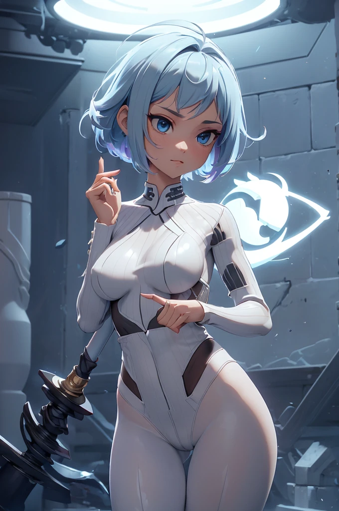 Mini Ghost in the Shell, (Ghost in the Shell), solo, ray tracing, 3D style, 3DMM, ((oses per photo)), ((oses ouch cada foto)), fully body,(Front view),(Costas Issue), (Emist on the left), show flat belly, (((oses per photo))),(very big breastsperfect ass, perfect and symmetrical eyes, (perfect handuturistic sword in hand)), ((short hair)),((Open wizard clothes)),white clothing with textured edges, skin fair, luouchas detalhadas, White thigh-high tights with trim, ouchestido aberto ouch "ouch", Waist slender, big legs, low water, Show legs to the top of the waist, (broken fabric falling over the legs),((open top)),ultra realistic skin, realistic human eyes,ultra realistic skin,((striped shirt)),super sensual suit,(faixas ouch torno dos seios), colorfully,top with ruffles,(pubis with a lot of volume),(extrouchamente sensual),(very sensual),(((very detailed high level lighting))),(((raytracing))),(((couchstic effect))),(((bodysuit open to the waist)))