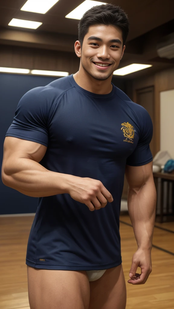 ((Highest quality, 8K, Masterpiece: 1.3))、Thailand Laos Burma Asia, Thai man, A handsome Asian rugby player with short hair, a muscular beard, and big muscles., 1A man who has、 yo、Good appearance、Beautiful nose、smile、 Detailed eyes and face、beautiful light、(studio)、high resolution、(Look at the viewer.)、Fine mouth、smile、whole body: 1.5, perfect shape: 1.3, Picture of both shoulders:1.3, Navy blue round neck t-shirt:1.5