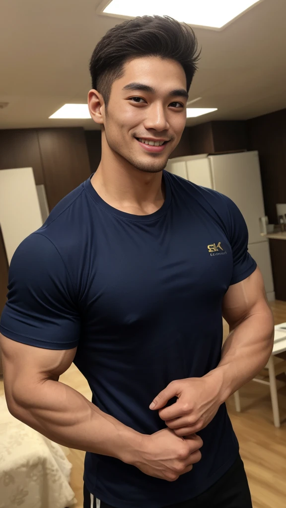 ((Highest quality, 8K, Masterpiece: 1.3))、Thailand Laos Burma Asia, Thai man, A handsome Asian rugby player with short hair, a muscular beard, and big muscles., １A man who has、 yo、Good appearance、Beautiful nose、smile、 Detailed eyes and face、beautiful light、(studio)、high resolution、（Look at the viewer.）、Fine mouth、smile、whole body: 1.5, perfect shape: 1.3, Picture of both shoulders:1.3, Navy blue round neck t-shirt:1.5