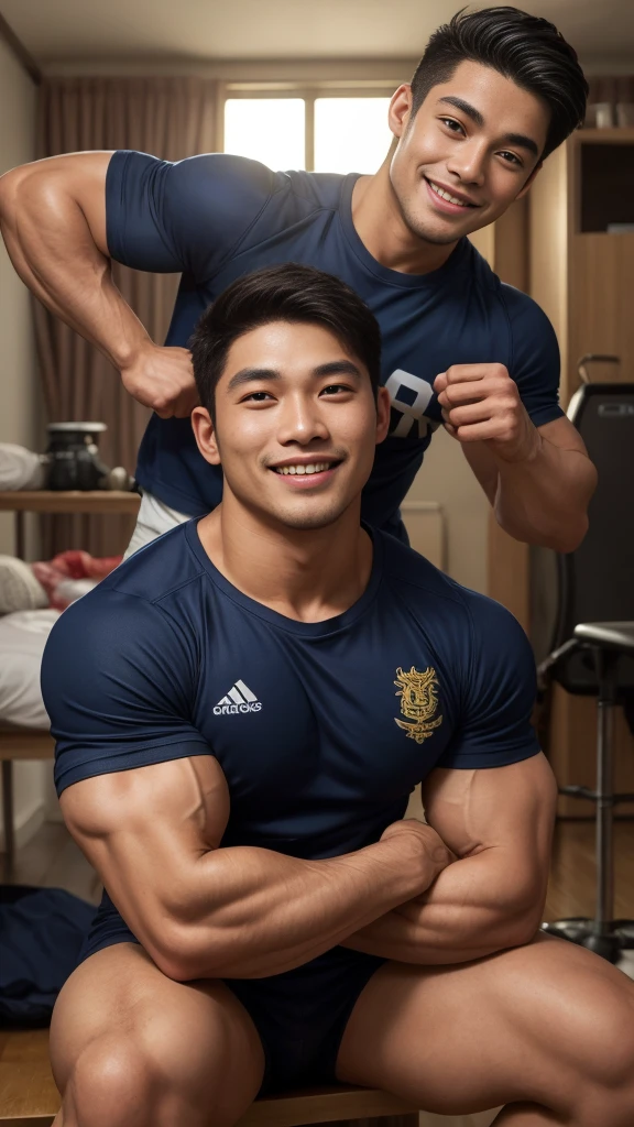 Picture of a handsome Asian rugby player with short hair, no beard, muscular body, big muscles, wearing a navy blue and black shirt, indoors.