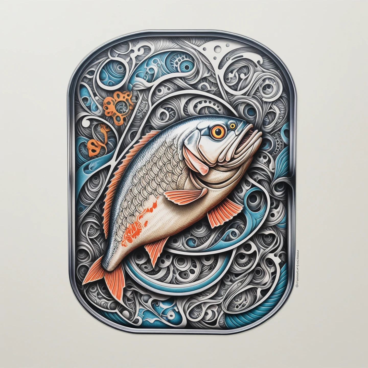 a tinned fish, intricate prison tattoo, retro doctor, color lineart, abstract negative space, isometric, (best quality,4k,8k,highres,masterpiece:1.2),ultra-detailed,(realistic,photorealistic,photo-realistic:1.37),highly detailed,cinematic lighting,vibrant colors,dramatic shadows,muted tones,moody atmosphere